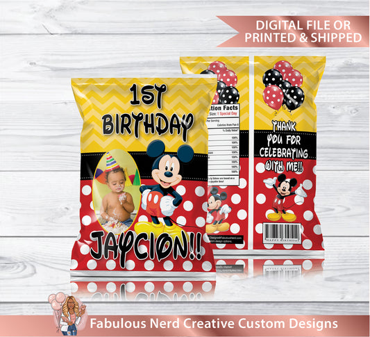 Mickey Mouse Birthday Chip Bags - Snack Bags - Treat Bags - Digital File Or Printed & Shipped