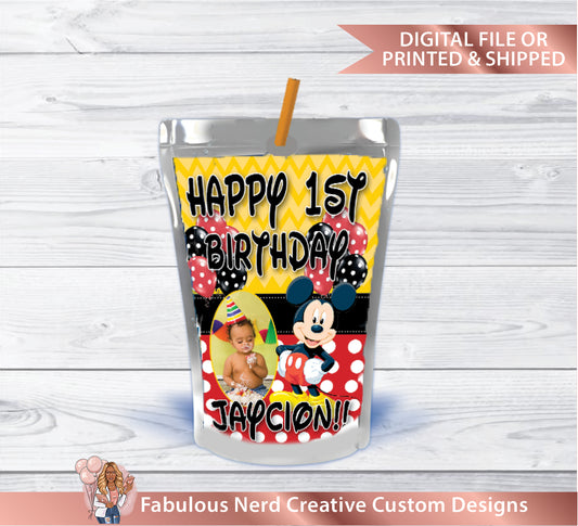 Mickey Mouse Birthday Customizable Juice Pouch Label-Digital File or Printed & Shipped