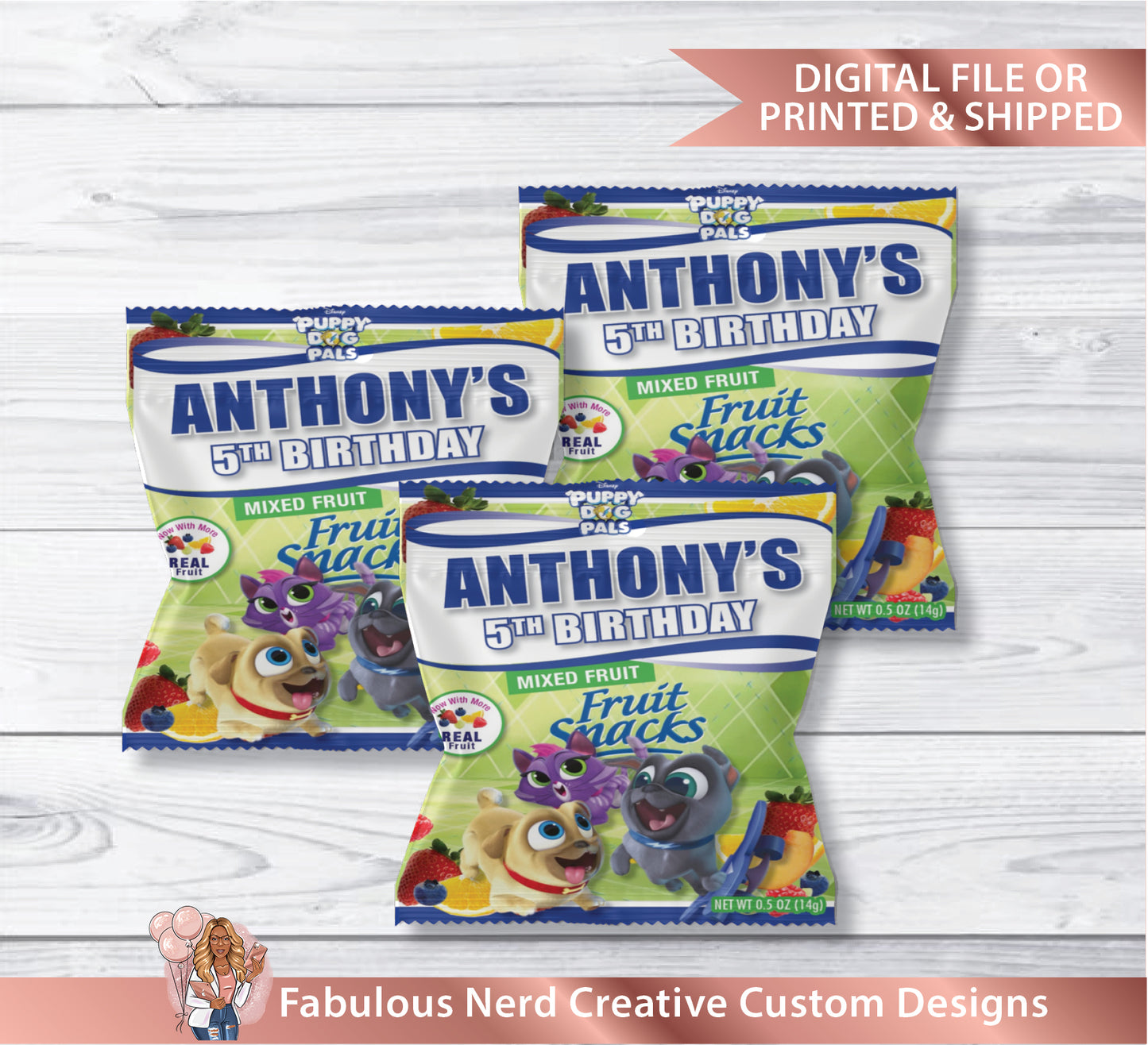 Puppy Dog Pals Birthday Customized Fruit Snack Wrapper-Party Favor-Digital File or Printed and Shipped