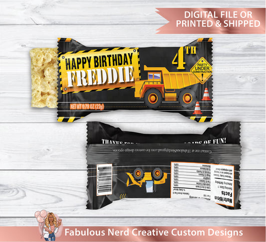 Construction Birthday Party Customizable Krispy Treat Wrapper-Digital File or Printed & Shipped