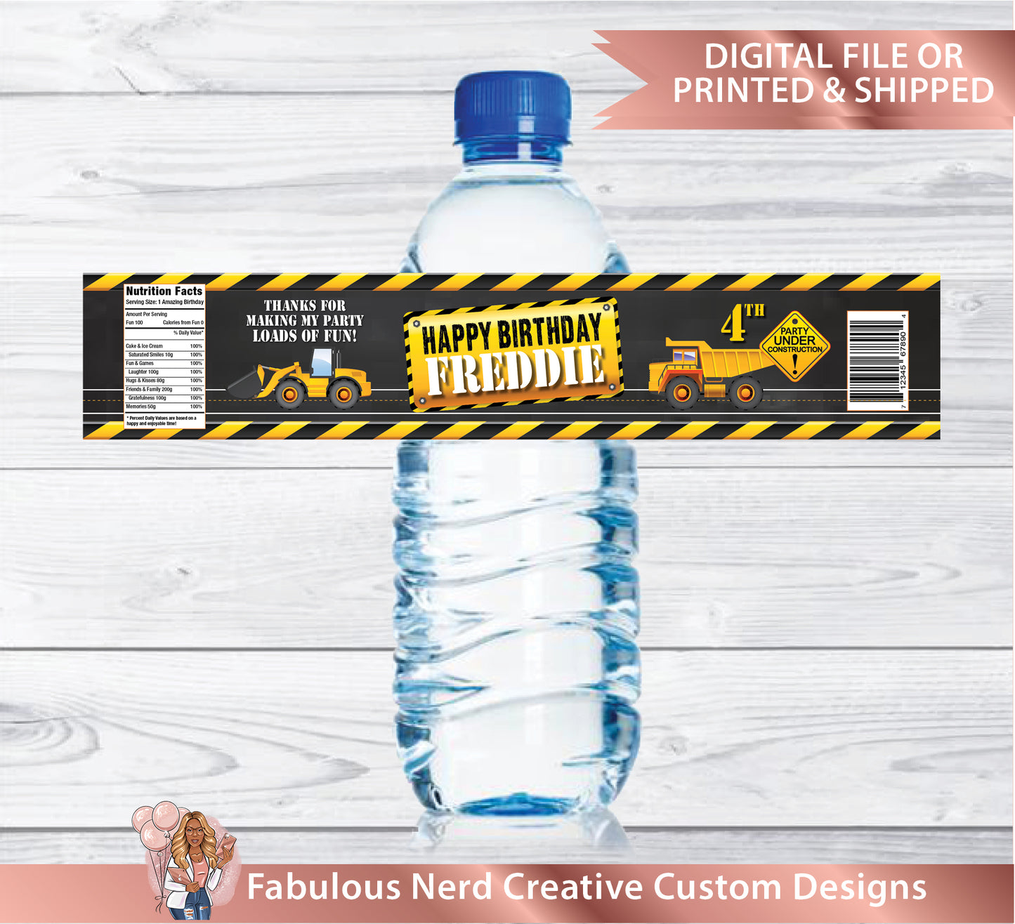 Construction Birthday Water Bottle Label-Customizable-Digital File or Printed & Shipped