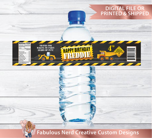 Construction Birthday Water Bottle Label-Customizable-Digital File or Printed & Shipped