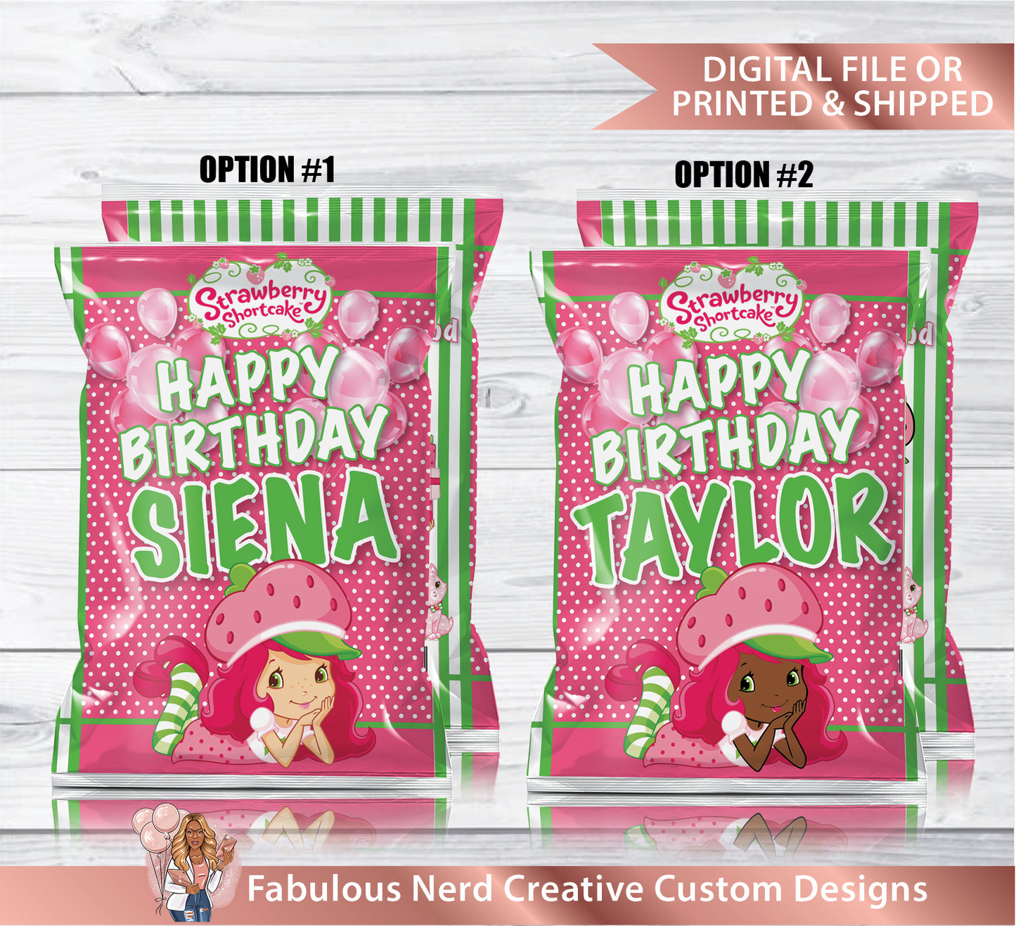 Strawberry Birthday Cake Customizable Chip Bag-Snack Bag-Favor Bag/Digital File or Printed & Shipped