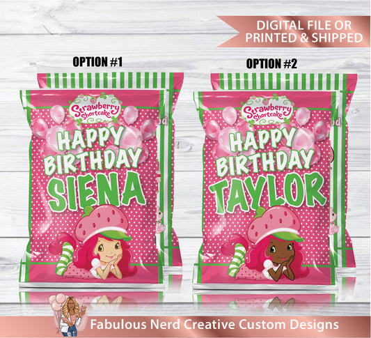 Strawberry Birthday Cake Customizable Chip Bag-Snack Bag-Favor Bag/Digital File or Printed & Shipped