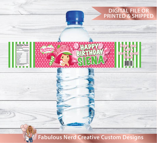 Strawberry Shortcake Birthday Water Bottle Label-Customizable-Digital File or Printed & Shipped