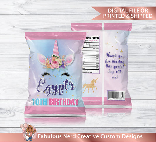 Unicorn Birthday Customizable Chip Bag-Snack Bag-Favor Bag-Digital File or Printed & Shipped