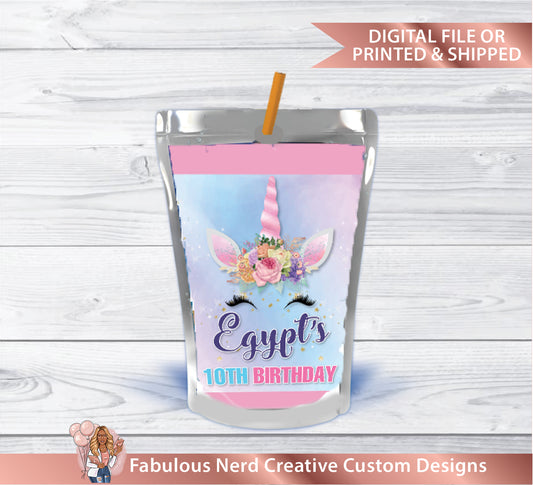 Unicorn Birthday Customizable Juice Pouch Label-Digital File or Printed & Shipped