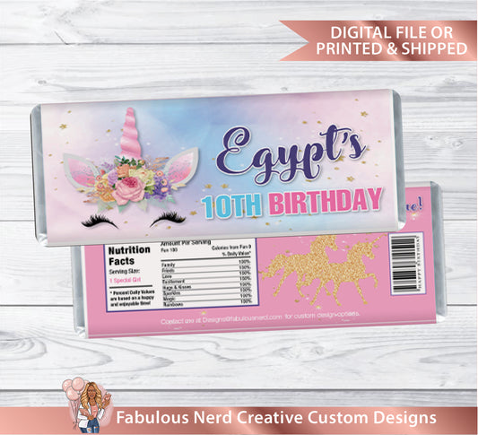 Unicorn Birthday Candy Bar Wrapper - Digital File Or Printed & Shipped