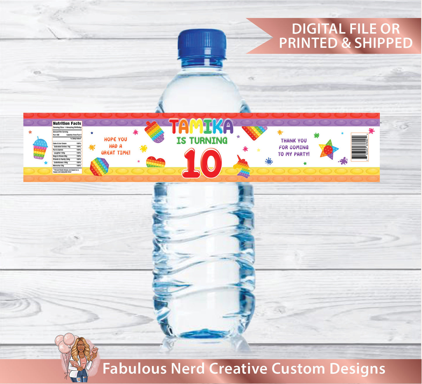 POP IT Birthday Water Bottle Label-Customizable-Digital File or Printed & Shipped