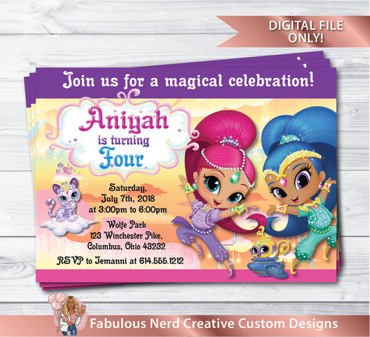 Shimmer & Shine Birthday Pary Invitation - Digital File Only